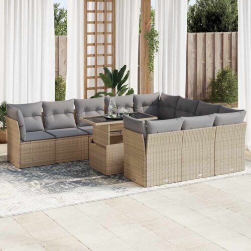 11-Piece Garden Sofa Set with Cushions Beige Poly Rattan Wicker Outdoor Patio Furniture - Image 2