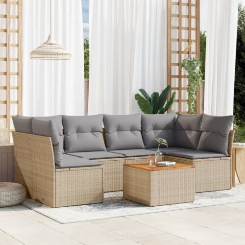 7-Piece Garden Sofa Set with Cushions Mix Beige Poly Rattan Wicker Outdoor Patio Furniture - Image 2