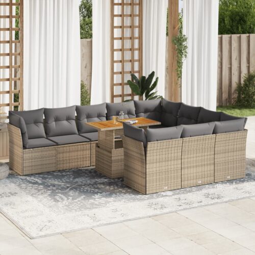 11-Piece Garden Sofa Set with Cushions Beige Poly Rattan Wicker Outdoor Patio Furniture - Image 2