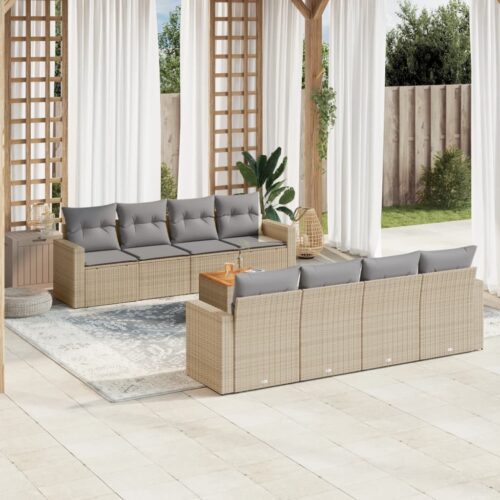 9-Piece Garden Sofa Set with Cushions Mix Beige Poly Rattan Wicker Outdoor Patio Furniture - Image 2