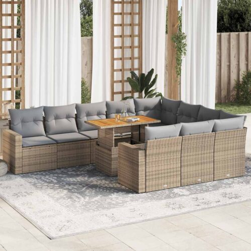 11-Piece Garden Sofa Set with Cushions Beige Poly Rattan Wicker Outdoor Patio Furniture - Image 2