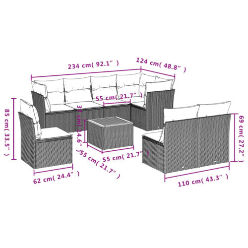 9-Piece Garden Sofa Set with Cushions Mix Beige Poly Rattan Wicker Outdoor Patio Furniture - Image 10