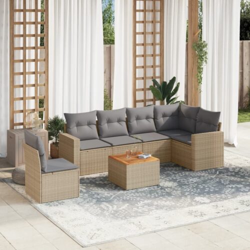 7-Piece Garden Sofa Set with Cushions Mix Beige Poly Rattan Wicker Outdoor Patio Furniture - Image 2