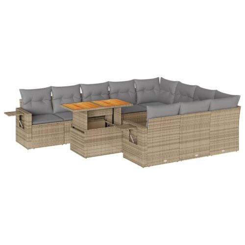 11-Piece Garden Sofa Set with Cushions Beige Poly Rattan Wicker Outdoor Patio Furniture - Image 13