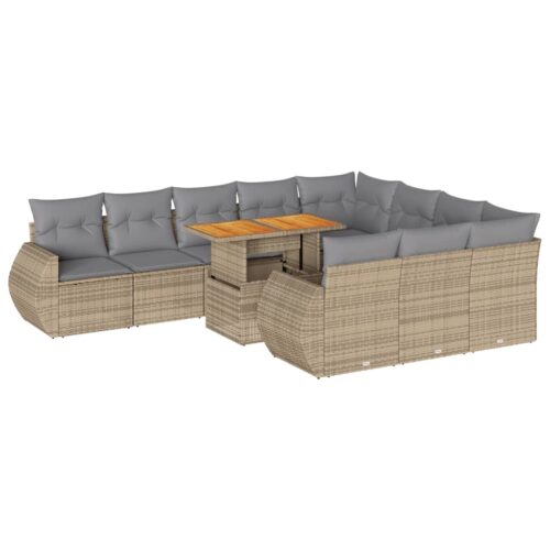 11-Piece Garden Sofa Set with Cushions Beige Poly Rattan Wicker Outdoor Patio Furniture