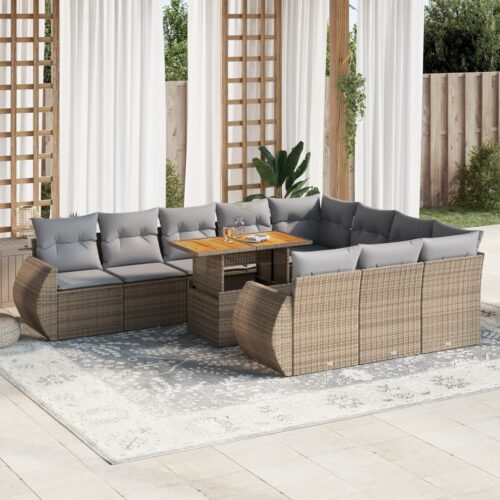 11-Piece Garden Sofa Set with Cushions Beige Poly Rattan Wicker Outdoor Patio Furniture - Image 2