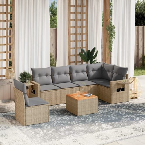 7-Piece Garden Sofa Set with Cushions Mix Beige Poly Rattan Wicker Outdoor Patio Furniture - Image 2