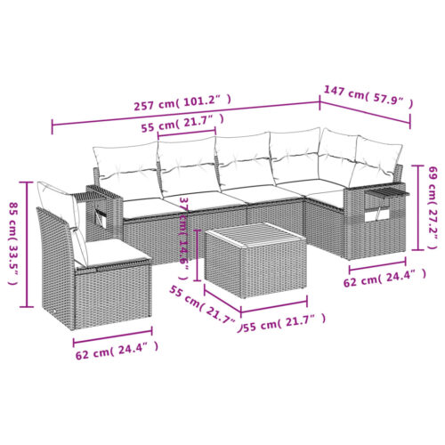 7-Piece Garden Sofa Set with Cushions Mix Beige Poly Rattan Wicker Outdoor Patio Furniture - Image 3