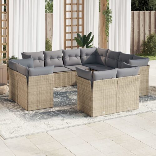 11-Piece Garden Sofa Set with Cushions Beige Poly Rattan Wicker Outdoor Patio Furniture - Image 2