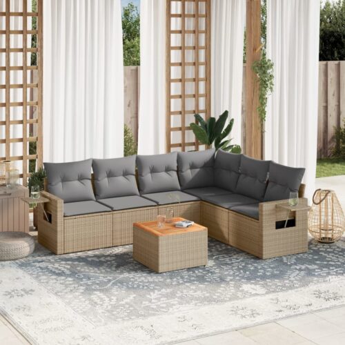 7-Piece Garden Sofa Set with Cushions Mix Beige Poly Rattan Wicker Outdoor Patio Furniture - Image 2