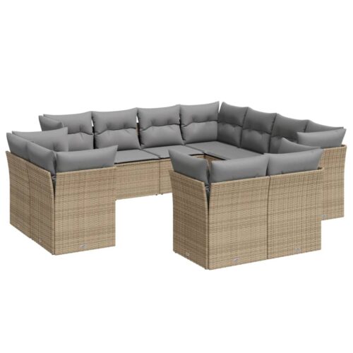 11-Piece Garden Sofa Set with Cushions Beige Poly Rattan Wicker Outdoor Patio Furniture - Image 5
