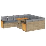 11-Piece Garden Sofa Set with Cushions Beige Poly Rattan Wicker Outdoor Patio Furniture Acacia
