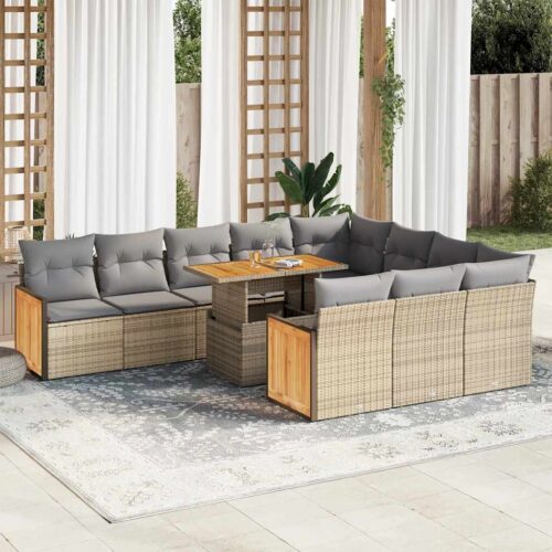11-Piece Garden Sofa Set with Cushions Beige Poly Rattan Wicker Outdoor Patio Furniture Acacia - Image 2