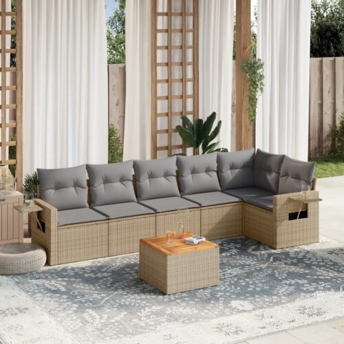 7-Piece Garden Sofa Set with Cushions Mix Beige Poly Rattan Wicker Outdoor Patio Furniture - Image 2
