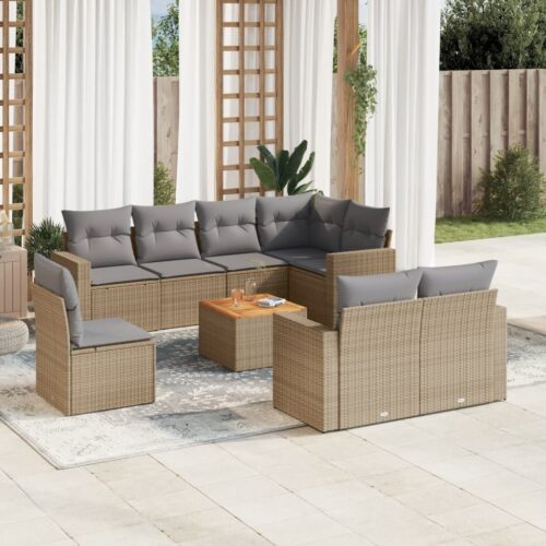 9-Piece Garden Sofa Set with Cushions Mix Beige Poly Rattan Wicker Outdoor Patio Furniture - Image 2