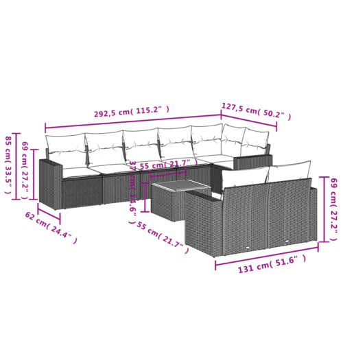 9-Piece Garden Sofa Set with Cushions Mix Beige Poly Rattan Wicker Outdoor Patio Furniture - Image 12