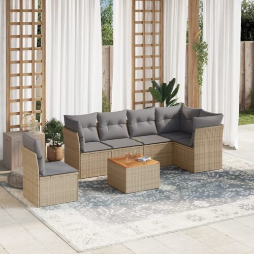 7-Piece Garden Sofa Set with Cushions Mix Beige Poly Rattan Wicker Outdoor Patio Furniture - Image 2