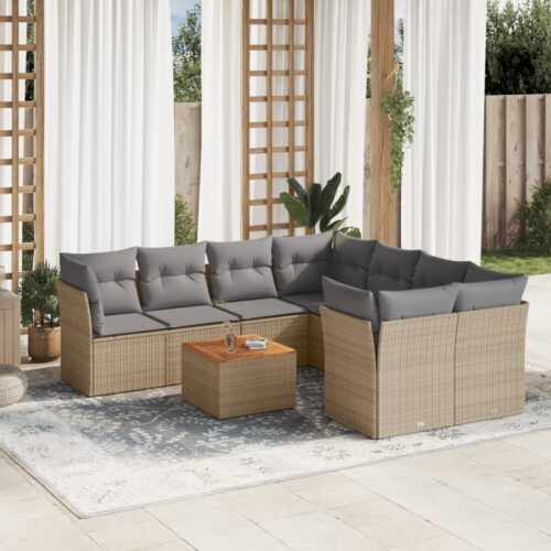 9-Piece Garden Sofa Set with Cushions Mix Beige Poly Rattan Wicker Outdoor Patio Furniture - Image 2