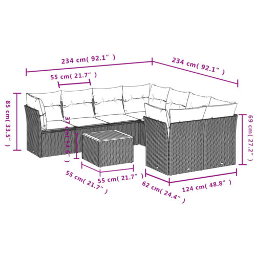 9-Piece Garden Sofa Set with Cushions Mix Beige Poly Rattan Wicker Outdoor Patio Furniture - Image 10