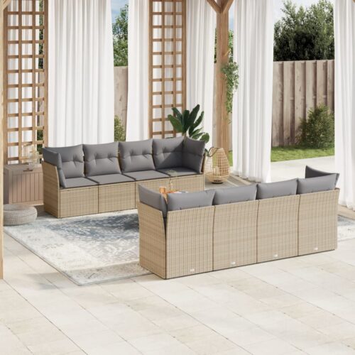 9-Piece Garden Sofa Set with Cushions Mix Beige Poly Rattan Wicker Outdoor Patio Furniture - Image 2