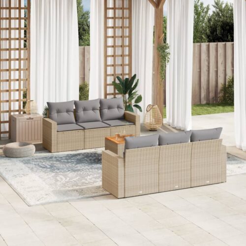 7-Piece Garden Sofa Set with Cushions Mix Beige Poly Rattan Wicker Outdoor Patio Furniture - Image 2