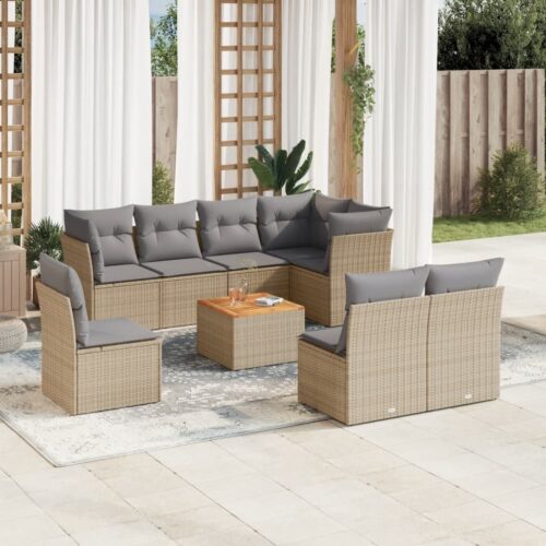 9-Piece Garden Sofa Set with Cushions Mix Beige Poly Rattan Wicker Outdoor Patio Furniture - Image 2