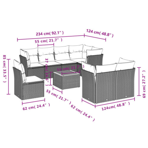 9-Piece Garden Sofa Set with Cushions Mix Beige Poly Rattan Wicker Outdoor Patio Furniture - Image 8