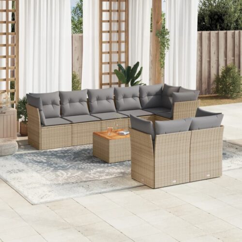 9-Piece Garden Sofa Set with Cushions Mix Beige Poly Rattan Wicker Outdoor Patio Furniture - Image 2