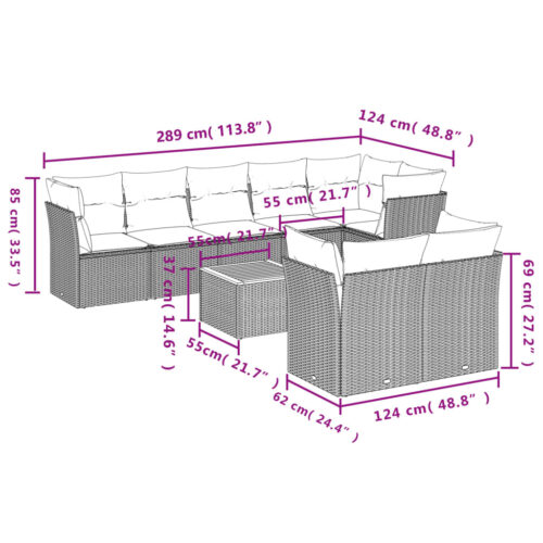 9-Piece Garden Sofa Set with Cushions Mix Beige Poly Rattan Wicker Outdoor Patio Furniture - Image 10