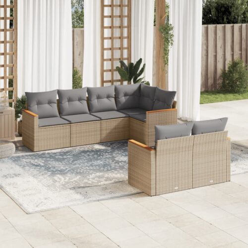 7-Piece Garden Sofa Set with Cushions Mix Beige Poly Rattan Wicker Outdoor Patio Furniture - Image 2
