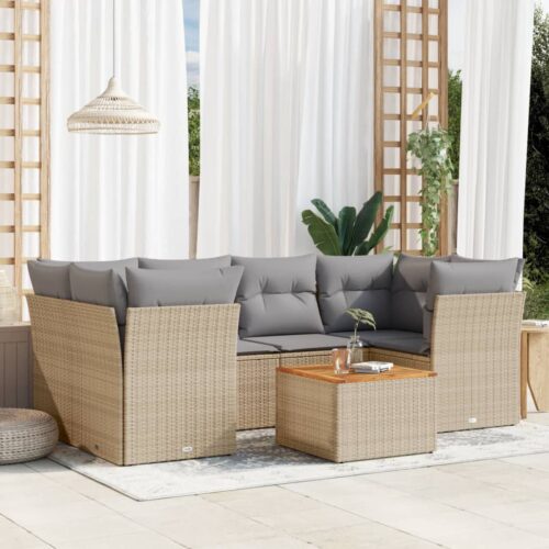 7-Piece Garden Sofa Set with Cushions Mix Beige Poly Rattan Wicker Outdoor Patio Furniture - Image 2