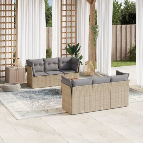 7-Piece Garden Sofa Set with Cushions Mix Beige Poly Rattan Wicker Outdoor Patio Furniture - Image 2