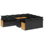 11-Piece Garden Sofa Set with Cushions Black Poly Rattan Wicker Outdoor Patio Furniture Acacia