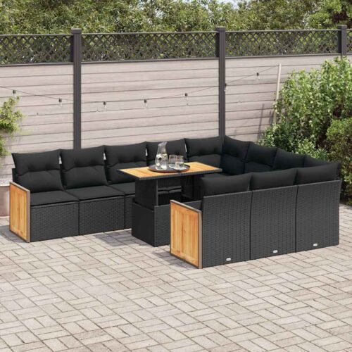 11-Piece Garden Sofa Set with Cushions Black Poly Rattan Wicker Outdoor Patio Furniture Acacia - Image 2