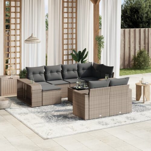 11-Piece Garden Sofa Set with Cushions Grey Poly Rattan Wicker Outdoor Patio Furniture - Image 2