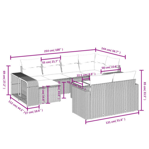 11-Piece Garden Sofa Set with Cushions Grey Poly Rattan Wicker Outdoor Patio Furniture - Image 10