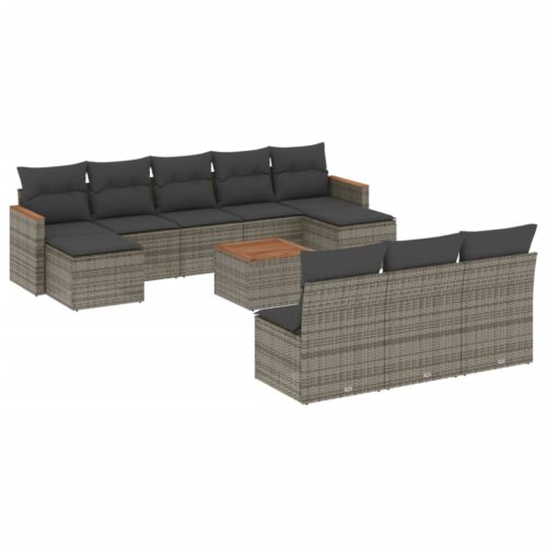 11-Piece Garden Sofa Set with Cushions Grey Poly Rattan Wicker Outdoor Patio Furniture