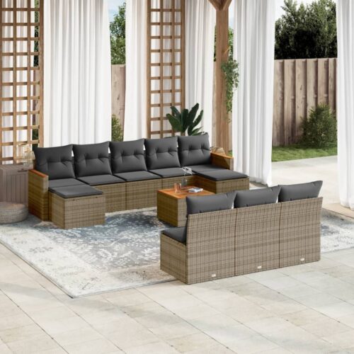 11-Piece Garden Sofa Set with Cushions Grey Poly Rattan Wicker Outdoor Patio Furniture - Image 2
