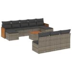 11-Piece Garden Sofa Set with Cushions Grey Poly Rattan Wicker Outdoor Patio Furniture