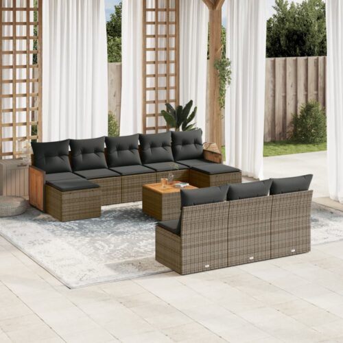 11-Piece Garden Sofa Set with Cushions Grey Poly Rattan Wicker Outdoor Patio Furniture - Image 2
