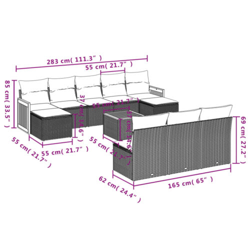 11-Piece Garden Sofa Set with Cushions Grey Poly Rattan Wicker Outdoor Patio Furniture - Image 9