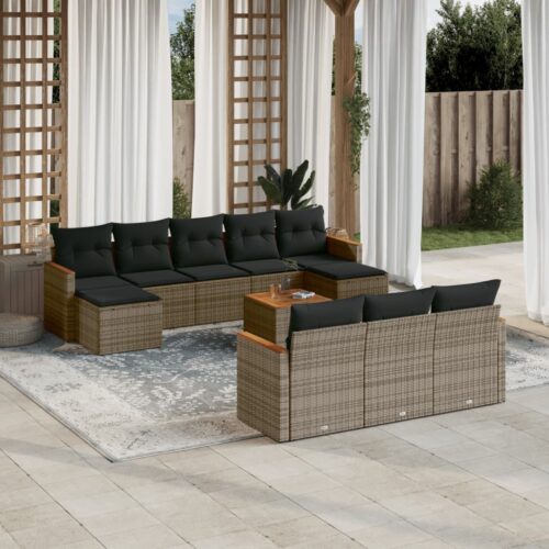 11-Piece Garden Sofa Set with Cushions Grey Poly Rattan Wicker Outdoor Patio Furniture - Image 2