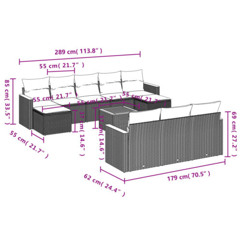 11-Piece Garden Sofa Set with Cushions Grey Poly Rattan Wicker Outdoor Patio Furniture - Image 8