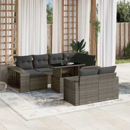 11-Piece Garden Sofa Set with Cushions Grey Poly Rattan Wicker Outdoor Patio Furniture - Image 2