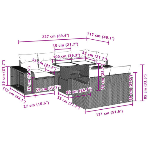 11-Piece Garden Sofa Set with Cushions Grey Poly Rattan Wicker Outdoor Patio Furniture - Image 12
