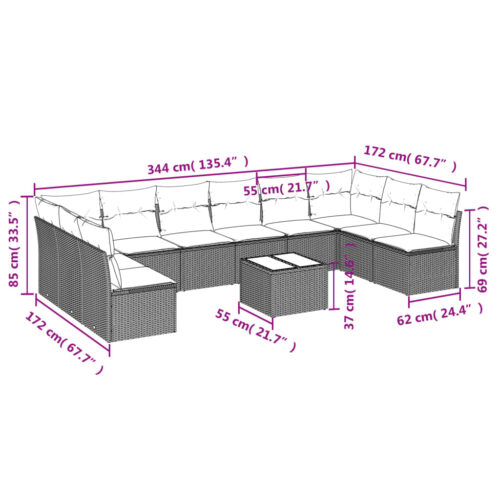 11-Piece Garden Sofa Set with Cushions Grey Poly Rattan Wicker Outdoor Patio Furniture - Image 3
