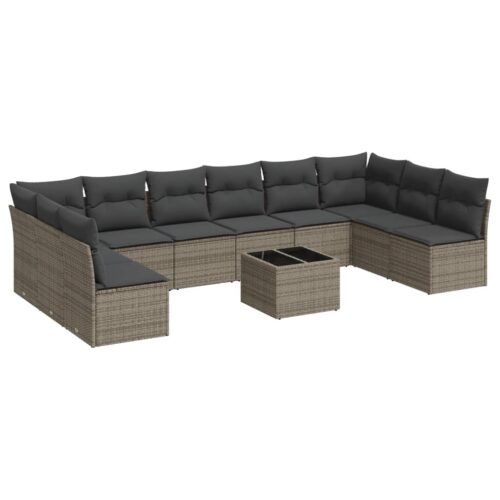 11-Piece Garden Sofa Set with Cushions Grey Poly Rattan Wicker Outdoor Patio Furniture - Image 5
