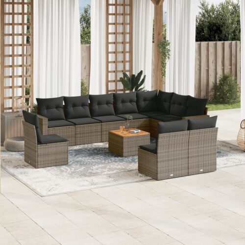 11-Piece Garden Sofa Set with Cushions Grey Poly Rattan Wicker Outdoor Patio Furniture - Image 2