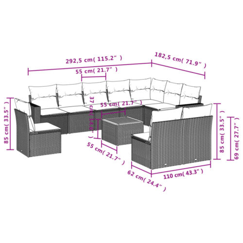 11-Piece Garden Sofa Set with Cushions Grey Poly Rattan Wicker Outdoor Patio Furniture - Image 3