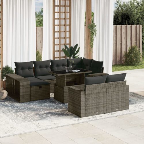 11-Piece Garden Sofa Set with Cushions Grey Poly Rattan Wicker Outdoor Patio Furniture - Image 2